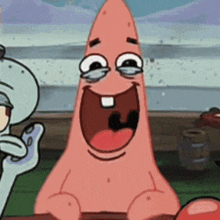 patrick star from spongebob squarepants is laughing and crying while squidward is holding him .