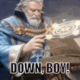 a man with a beard and a blue robe is holding a book and a circle .
