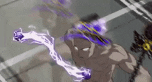 a man is holding a purple lightning bolt in his hand while fighting another man .