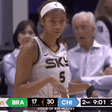 a female basketball player wearing a jersey that says sky on it