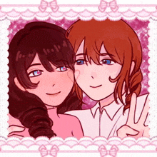 two anime girls are posing for a picture and one girl is giving a peace sign