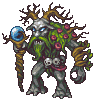 a pixel art illustration of a monster with a beard and horns holding a sphere and a staff .
