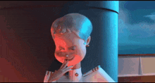a cartoon character is covering his mouth with his hand and making a funny face .