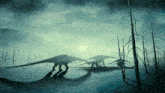 a group of dinosaurs are walking through a forest at night