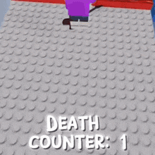 a lego character holding a guitar with the words death counter 1 below him