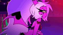 a cartoon character with purple hair and wings is sitting on the floor in a dark room .