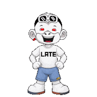 a cartoon character wearing sunglasses and a white shirt that says late