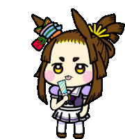 a cartoon drawing of a girl with a ponytail holding a fan