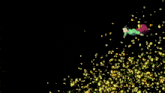 a girl in a green shirt and red skirt is surrounded by yellow petals on a black background