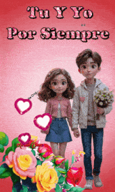 a picture of a boy and a girl holding hands with the words " tu y yo por siempre "