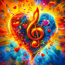 a colorful painting of a treble clef in the shape of a heart surrounded by music notes