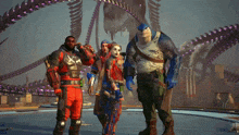 a group of superhero characters including harley quinn and killer shark pose for a picture