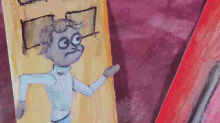 a cartoon drawing of a man standing in front of a building