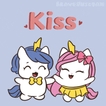 a couple of unicorns are standing next to each other with the word kiss written above them