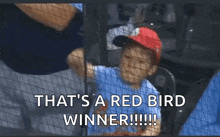 a young boy wearing a red hat and a blue shirt says that 's a red bird winner