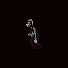 a pixel art drawing of a man wearing a hat and a mask .