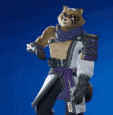 a raccoon wearing a white and purple outfit with the word ninja on it