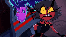 a cartoon character is standing in front of an arcade machine that says " you " on it