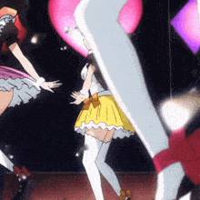 a girl in a yellow skirt and white thigh highs is dancing