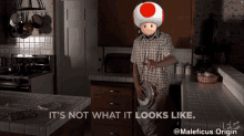 a man in a kitchen with a toad on his head and the words " it 's not what it looks like "