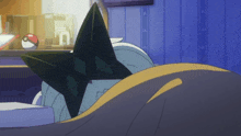 a cartoon drawing of a person laying on a bed with a pokeball in the background