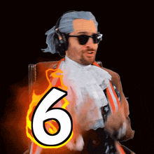 a man wearing a wig and sunglasses with a number 6 on his chest