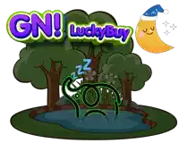 a logo for gn luckybuy shows a sleeping elephant in a pond