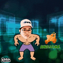 a cartoon of a man wearing glasses and a hat that says ' awesome ' on it