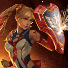 a woman in a superhero costume holding a shield