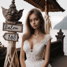 a woman in a white lace dress stands in front of a sign that says balon 168