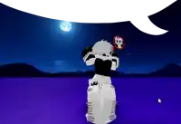 a person in a video game with a speech bubble with a skull and crossbones on it