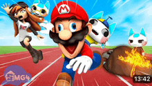 a cartoon of mario running on a track with a timestamp of 13:42