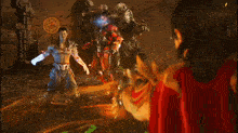 a video game scene with a man holding a fireball and a woman holding a sword