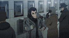 a man is talking on a phone with a sign on the wall that says ' telephone ' on it