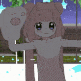 a cartoon girl with a bow on her head holds up a paw