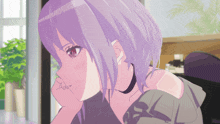 a girl with purple hair has a choker around her neck and is looking down