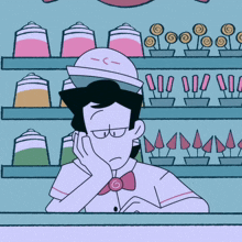 a cartoon drawing of a man sitting in front of a candy shelf