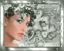 a woman 's face is surrounded by pearls and flowers and a perfume bottle that says pour l' amour