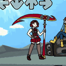 a cartoon drawing of a girl holding a scythe