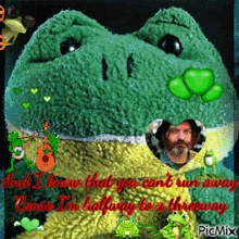 a picture of a stuffed frog with the words and i know that you can t run away