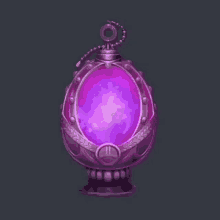 a purple egg with a chain around it and a purple light inside of it