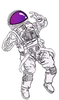 a black and white drawing of an astronaut with a purple helmet .
