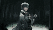 a drawing of a man with glasses standing in the dark