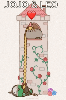 a cartoon of a cat standing on top of a brick tower .