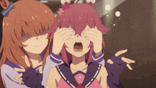 a girl with pink hair is covering her eyes with her hands