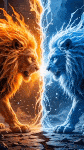 two lions are standing next to each other and looking at each other . one is fire and the other is water .