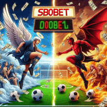 an angel and a devil are playing soccer in front of a sbobet sign