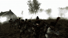 a group of soldiers are fighting in a field with smoke coming out of the trees