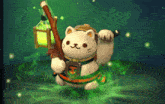 a white cat holding a lantern and a stick with the letter h on it