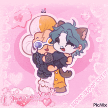 a drawing of a man and a cat with the words i love you super super cutie on the bottom